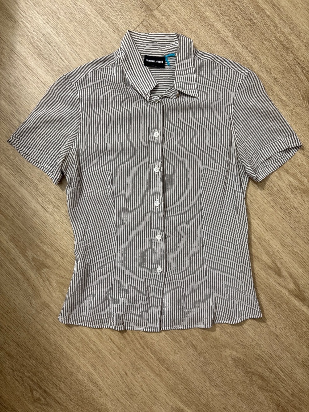 Giorgio Armani Button Up Collared Cotton Gray Striped Shirt Women’s Size XS